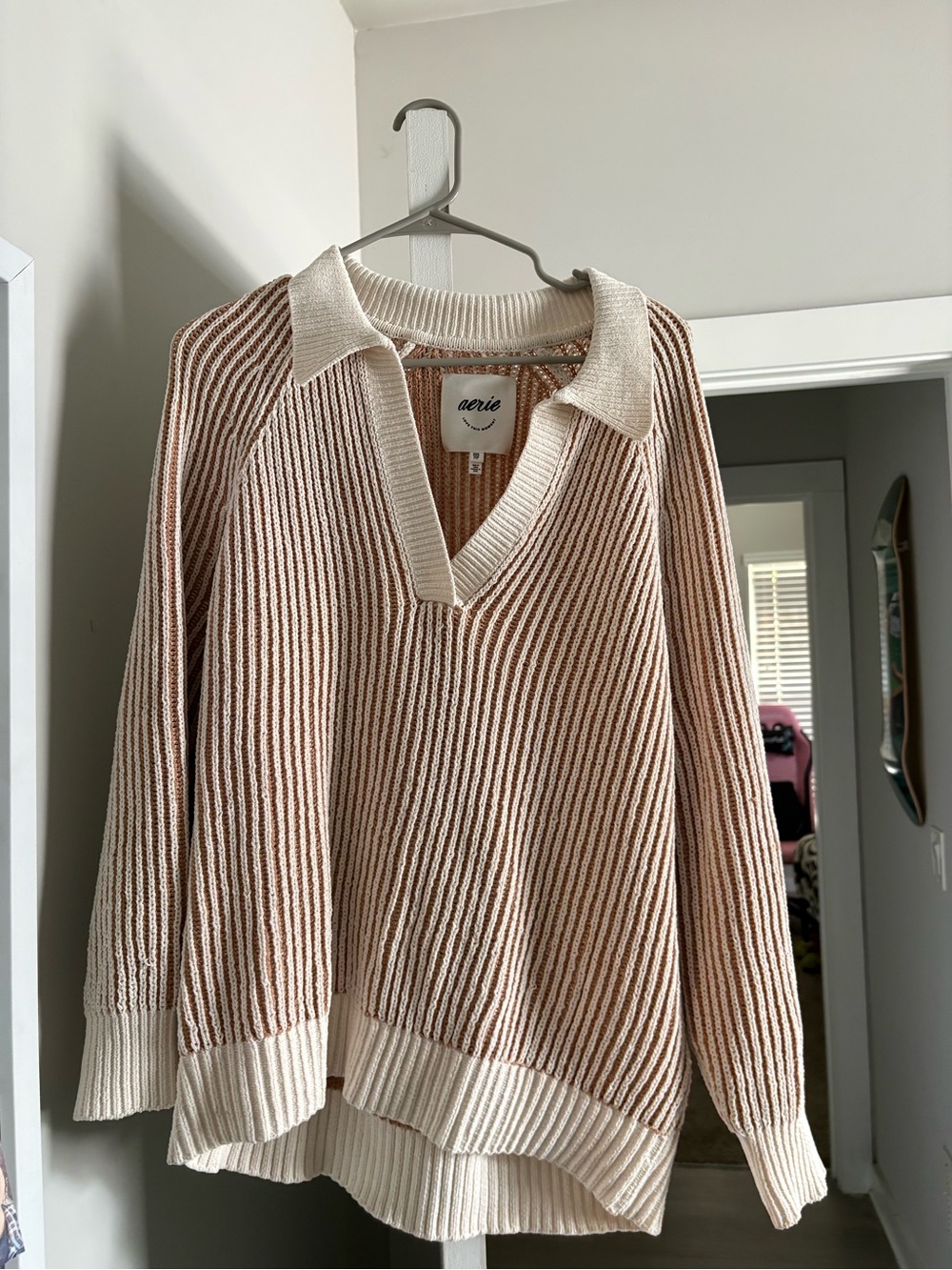 aerie Cream and Light Brown Striped V-Neck Polo Sweater